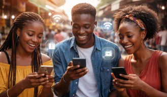 Three friends using their smartphones on a busy street